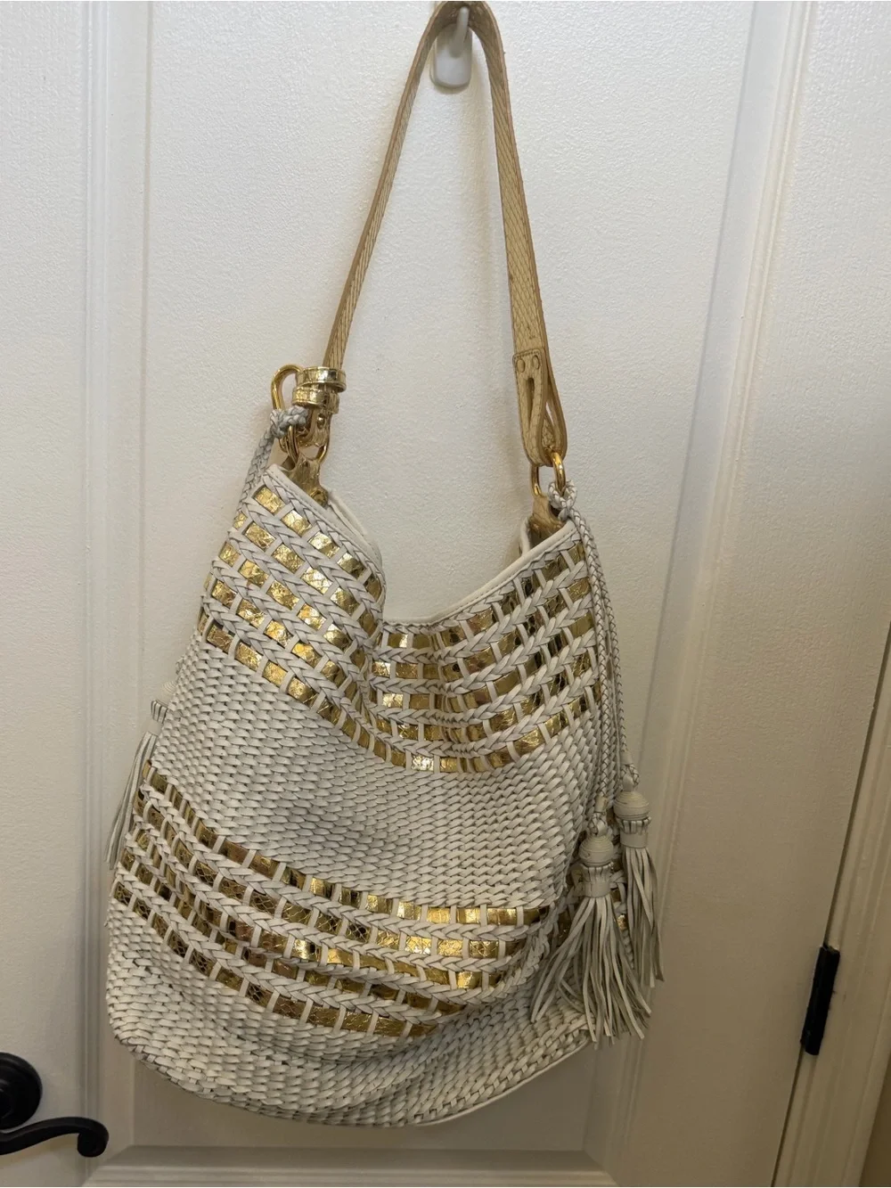 Beverly Feldman white and gold woven large hobo bag Gorgeous